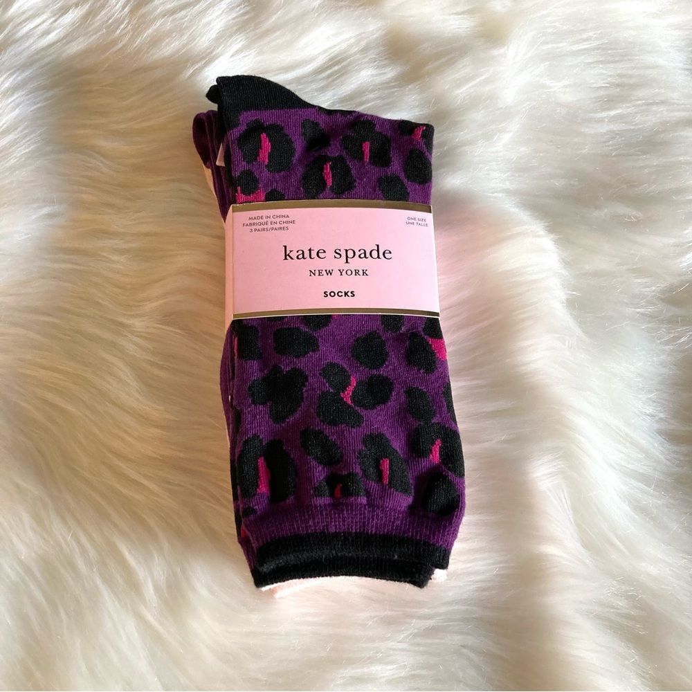 Kate Spade 3 Pairs of Crew Socks Purple Pink Leopard Striped NWT